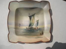 Nippon--square bowl..water + sailboat scene--de..vintage hand painted - $58.95
