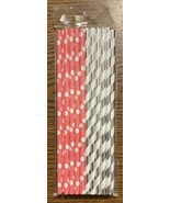 Silver &amp; White Stripe Pink White Polka Dot Paper Straws Drinking Straws ... - £1.95 GBP