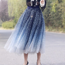 Navy blue Sequined Tulle Skirt Outfit Women Plus Size Sparkly Midi Tulle Skirt image 2