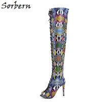 Colorful Snake Over The Knee Boots Open Toe Lace Up Front High Heel Stilettos Cu - $285.66