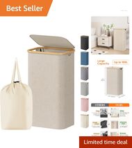 Large 100L Foldable Laundry Hamper with Lid and Bamboo Handles for Chic ... - $47.47