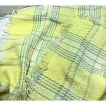 Baby Blanket Pastel Yellow Blue White Plaid Fringe Acrylic Soft No Label Vintage - £11.90 GBP