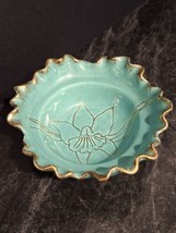 California Original USA Pottery Turquoise Scalloped Gold Rim Bowl Floral... - $19.79