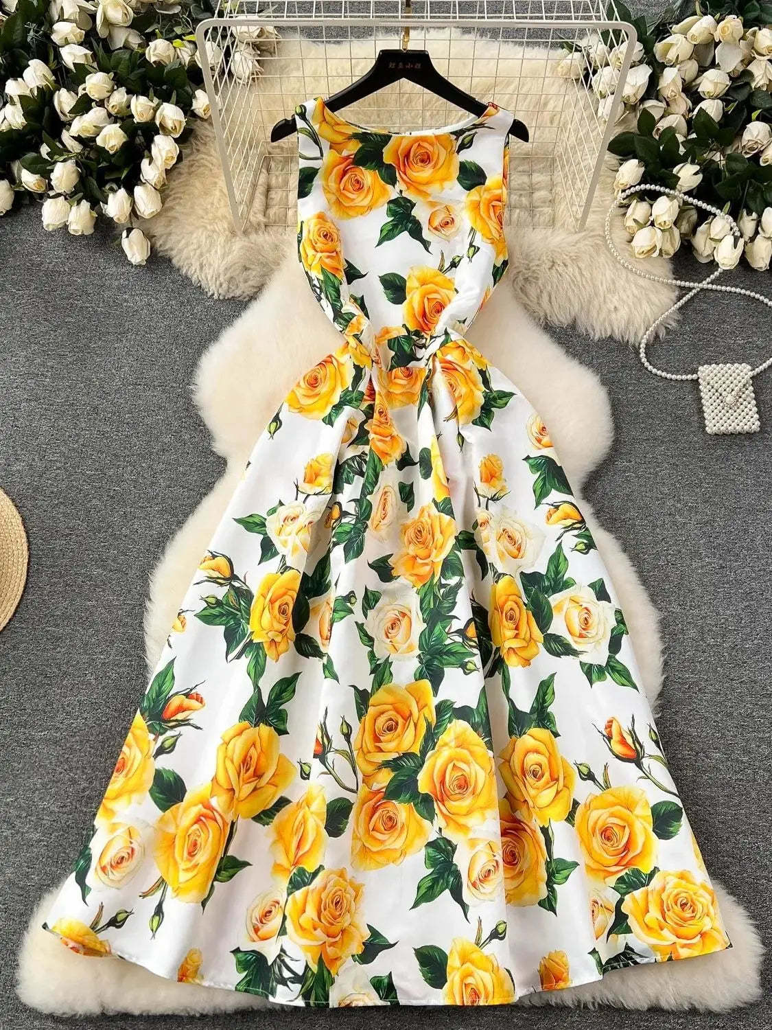 Summer Fashion Sleeveless Pocket Floral Jacquard Dress