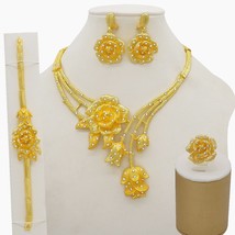 Rose Flower Design Necklace Bracelet Dubai Gold Color Jewelry Set for Women Wedd - £34.83 GBP