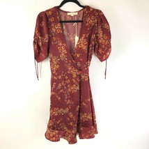 Lovestitch Wrap Dress Ruffle A Line Floral Puff Sleeve Burgundy Size S - £11.41 GBP