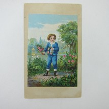 Victorian Art Print Boy Blue Suit Holds Pink Rose Flowers Trees Lake Whi... - $5.99