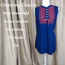 Charming Charlie Navy Blue &amp; Red Detail Sleeveless Tie Back Top Size M - £8.65 GBP