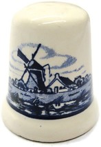 Delft Windmill Farm House Field Vtg Porcelain White Thimble Blue Trimmed Band - £13.16 GBP