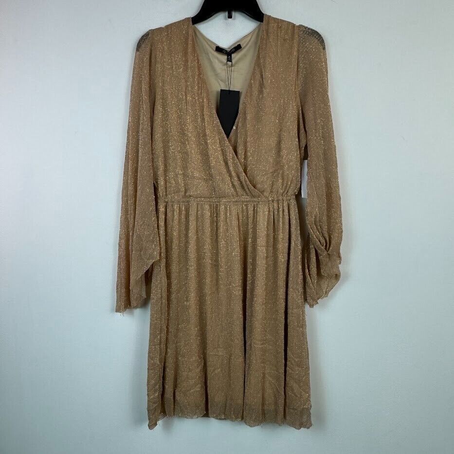 19 Cooper Women M Gold Metallic V Neck Long Sleeve Mini Dress NWT AH42 - $14.55