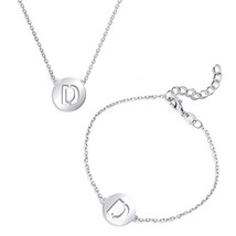Sterling Silver Cut-Out Shiny &#39;D&#39; Disc Initial Bracelet &amp; Necklace Set - £44.58 GBP