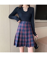 Navy Blue Plaid Skirt Outfit Women Plus Size Knee Length Pleated Plaid S... - $54.58 CAD