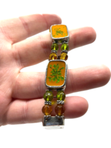 Orange Linked Bracelet Green Pressed Look Painted Flowers Leaves Cuff Me... - $27.83