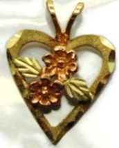 10k Black Hills Gold Heart Pendant Green Leaves Pink Flowers for Necklace Chain - £159.12 GBP