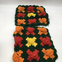 Vtg Crochet Granny Square Pillow Shams 3D Puffy Orange Red Yellow Roses Flowers - £24.17 GBP