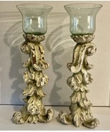 Pair Tall Candlestick Holders With Glass Shades Chippy Paint 16.5” T Far... - £21.82 GBP