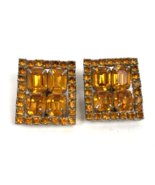 Vintage Amber Rhinestone Clip On Earrings Square Silver 1960s Glam - $20.00
