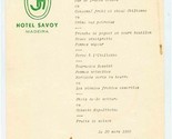 Hotel Savoy Dinner Menu Madeira Portugal 1980 - $17.82