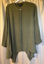 Woman’s Midnight Velvet Khaki Green Hidden Button Up Tunic Blouse Top Size L - $21.49