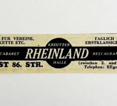 1945 WW2 German-USA Restaurant Advertisement Rheinland Halle Cabaret NYC... - $28.11 CAD