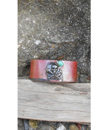 Copper and Silver Skull Cuff Bracelet. Natural Emerald Cabochon. - $60.00