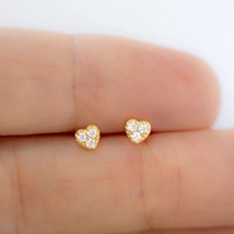 Delicate Simulated Diamond Tiny Heart Stud Earrings 14K Yellow Gold Plated - £16.88 GBP