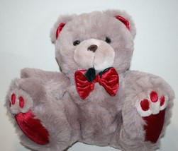 Dan Dee Valentines Day Teddy Bear 11&quot; Gray Plush Red Big Feet Bow Ears Soft Toy - $23.22