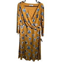 NEW Kasper Dress Size 1X Faux Wrap Floral Midi Honey Brown Blue White Po... - $53.99