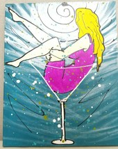 Hold My Cosmo Woman Sitting in Cosmopolitan Glass Painting 16&quot; x 20&quot; Pink Blue - $28.45