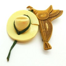 Saddle With Dangle Hat Western Pin Brooch Figural Vintage Plastic Celluloid - $24.00