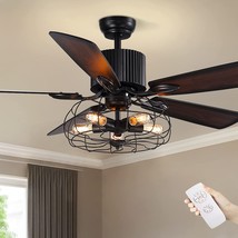 Moooni 52&quot; Industrial Caged Ceiling Fan With Lights And Remote, Black Vintage - £154.26 GBP