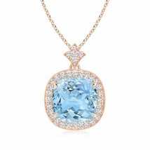 ANGARA Vintage Inspired Cushion Aquamarine Halo Pendant in 14K Solid Gold - £2,433.17 GBP