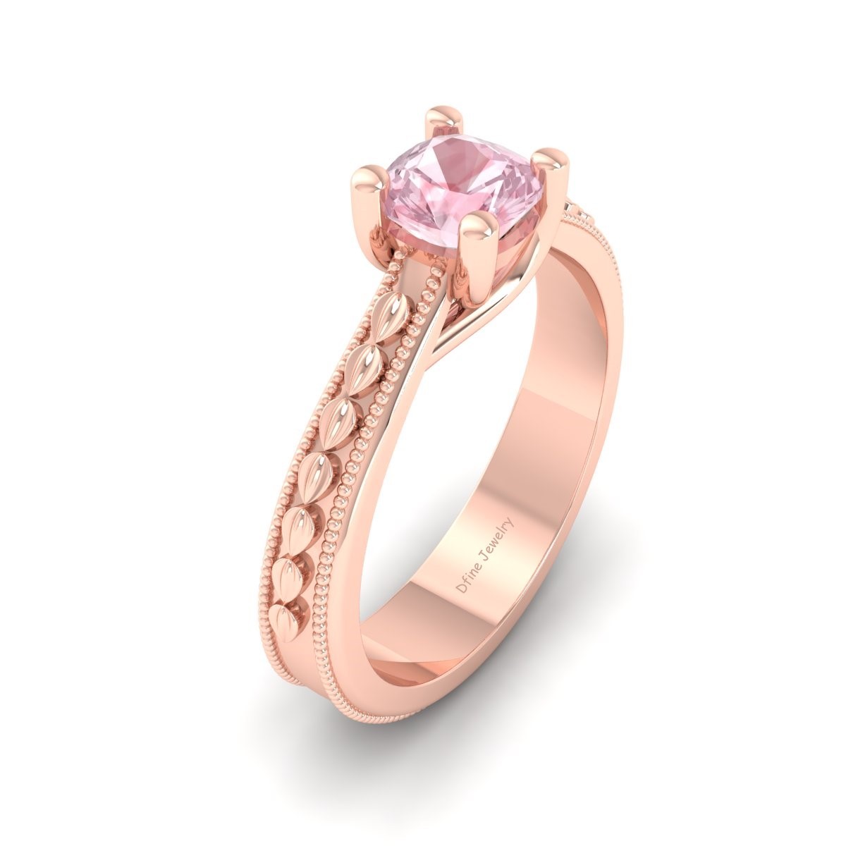 Solid 14k Rose Gold Engagement Ring Women Solitaire Rose Quartz Art Nouveau Ring - $959.99