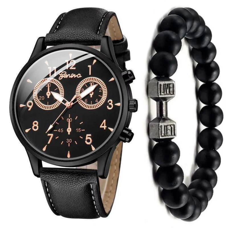  Business 2pcs  Set Men Casual Fashion Clock Male Leather Strap Wrist Watch Man  - £94.56 GBP
