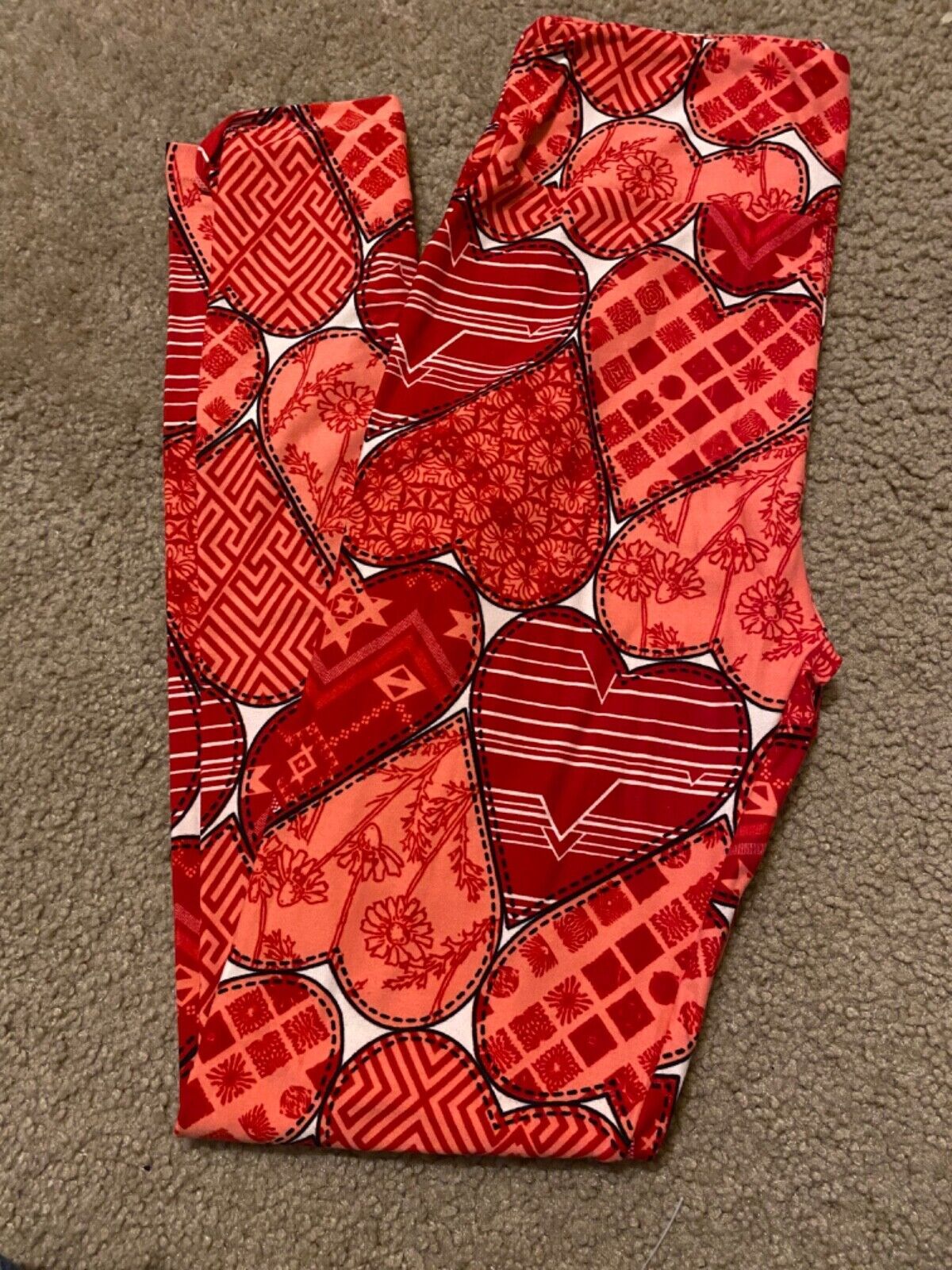 Lularoe Valentines Rose Floral Hearts Cross Stitch Pixel Dots OS Leggings - $9.49