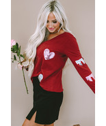 Red Sandalwood Sequined Heart Shape Bow Graphic V Neck Top - $23.45 CAD