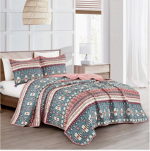 Southwestern Aztec Teal Coral Printed Quilted King Bedding Reverse Bedspread Set - $53.30