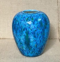 Handmade Blue Green Blurred Lines Speckled Ceramic Vase Artist Signed w ... - £12.66 GBP