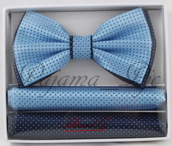 Two Tone Checker Men&#39;s Pre-tied Bowtie or w/ Pocket Square Hanky Baby Bl... - £11.38 GBP+