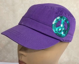 Ladies Purple Sequined Peace Sign Military Style One Size Cap - £11.34 GBP