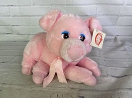 Goffa International Pig Piggy Pink Laying Plush Stuffed Animal Toy With Bow - £40.70 GBP