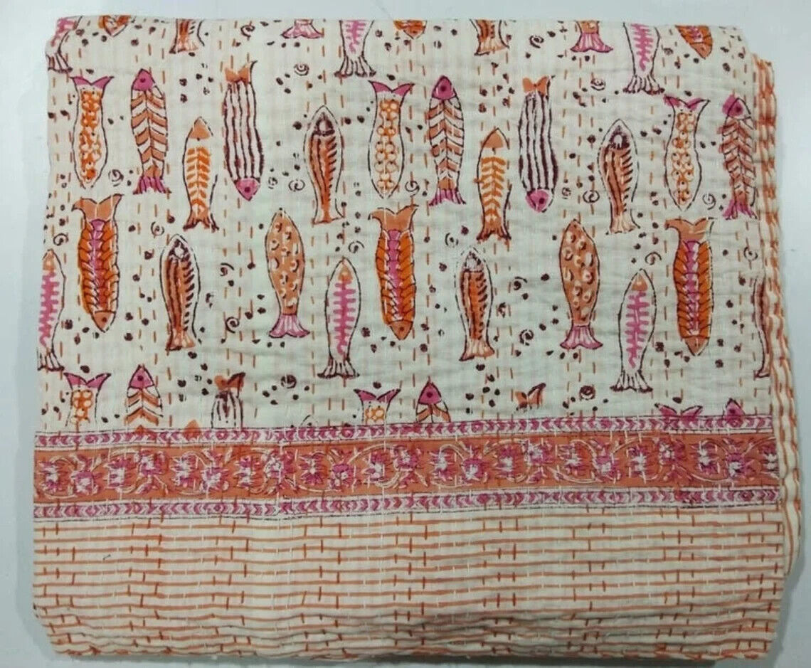 Indian Cotton Hand Block Fish print Bedding Bedspread Throw Kantha Quilt gifts
