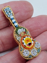 Micro Mosaic Guitar Brooch Pin Floral Made In Italy Gold Tone Vintage - £34.09 GBP
