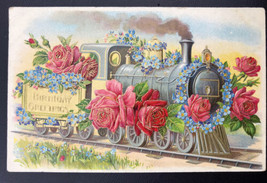 Train Locomotive Vintage Postcard Antique Birthday Greetings Roses Germany - £7.94 GBP