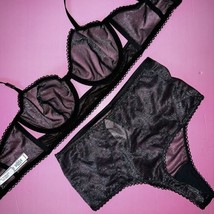 Victoria&#39;s Secret unlined longline 32D BRA SET s high-waist thong BLACK shimmery - £47.46 GBP
