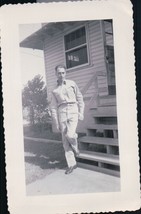 Vintage Soldier Walking Down Barrick Steps Snapshot WWII 1940s - $4.99