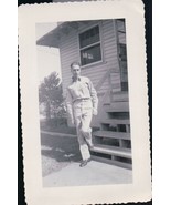 Vintage Soldier Walking Down Barrick Steps Snapshot WWII 1940s - $6.76 CAD