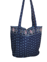Navy Foral Print Pink Ribbon Quilted Tote Cotton Reversible Washable - £12.95 GBP