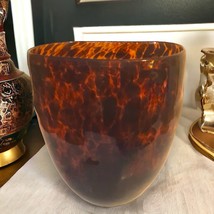 Mid-Century Modern Amber Tortoise Shell Pattern Vtg Hand Blown Art Glass Vase - £32.99 GBP