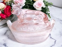 Pink Glass 2 Pc Cow on Hay Basket Nest Candy Dish Trinket Box 4.25&quot; H x ... - £18.69 GBP